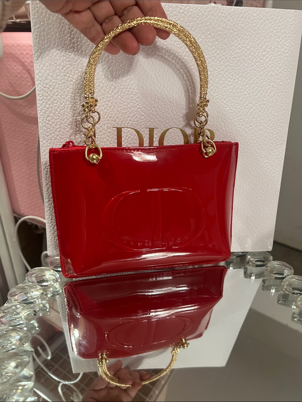 Dior Red Pouch with Gold Handles and Mini Deluxe 999 Rouge Red - Picture 5 of 6